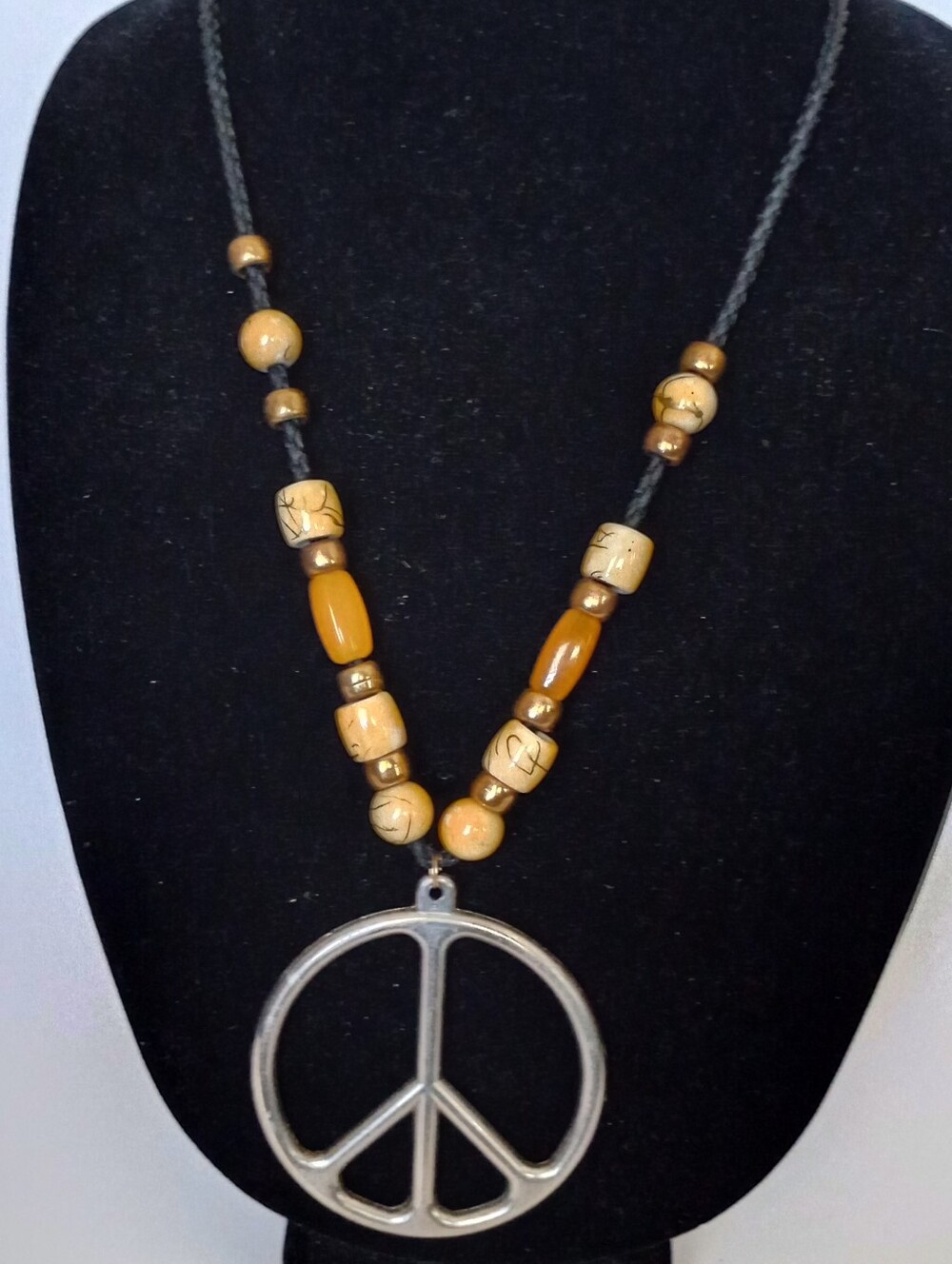 1960s Vtg Peace Sign Original Beaded Cord Statement Pendant Necklace